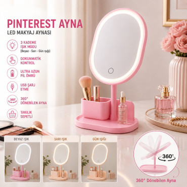 Işıklı Oval Makyaj Aynası - Dokunmatik - USB Şarjlı - 3 Kademe Işık Seviyesi - Takı Tepsili 