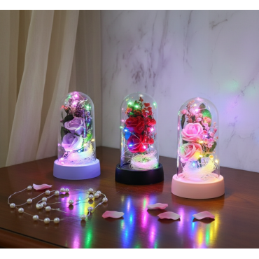 Işıklı Müzikli Romantik Fanus Tekli Gül 