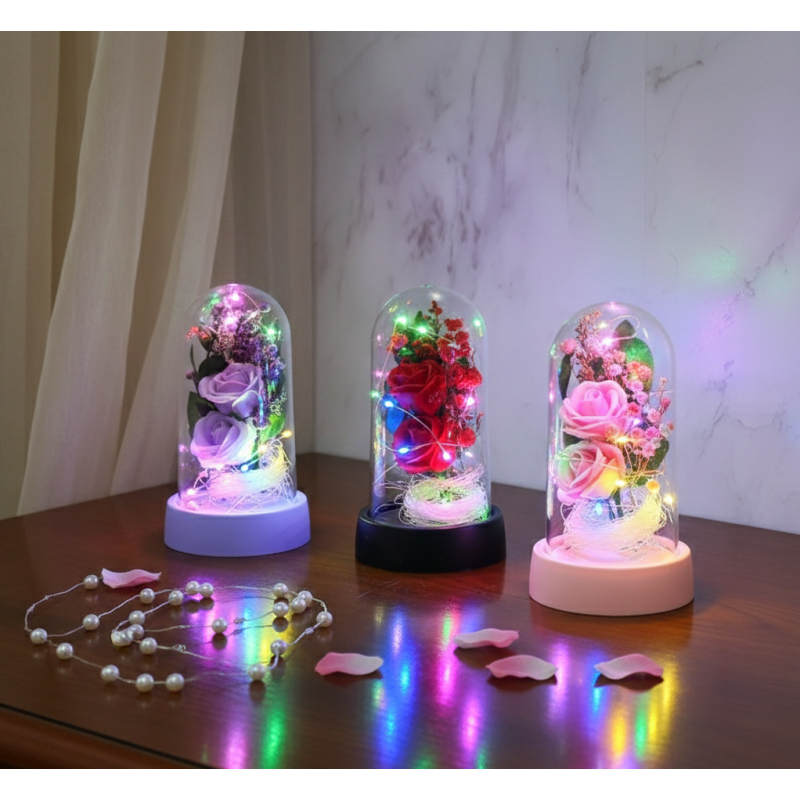 Işıklı Müzikli Romantik Fanus Tekli Gül 