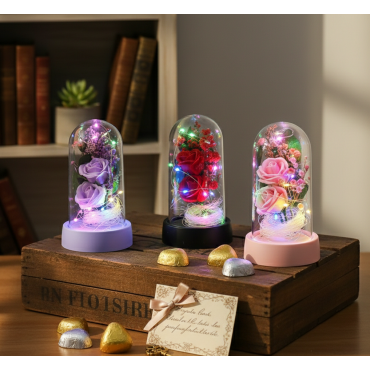 Işıklı Müzikli Romantik Fanus Tekli Gül 