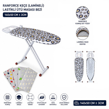 Ranforce Keçe Ütü Masası Bezi - Lastikli - Lamineli - 140x50 cm