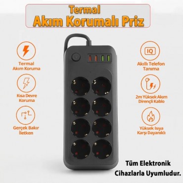 Termal Akım Korumalı 8 Prizli Uzatma Kablosu