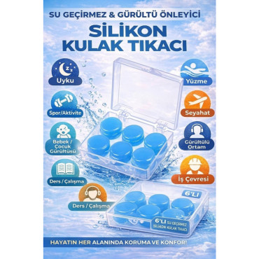 Silikon Kulak Tıkacı - 6'lı Özel Kutulu - Su Geçirmez ve Gürültü Önleyici 