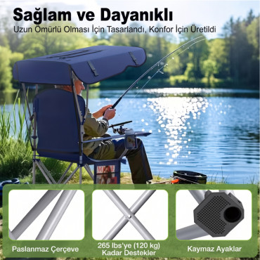 Gölgelikli Kamp Sandalyesi - Katlanabilir - Taşınabilir - Bardak Tutuculu 