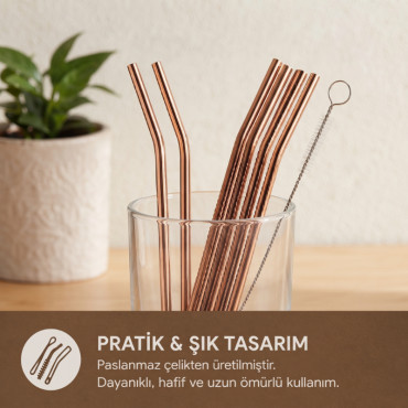 6'lı Kaşıklı Pipet Seti - Bronz - Pipet Temizleme Fırçası