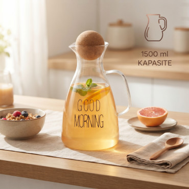 Yuvarlak Mantar Kapaklı Sürahi - 1500 ml - Yüksek Kaliteli Cam 