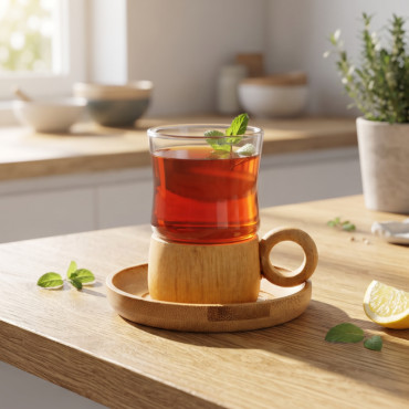 12 Parça Çay Seti - Bambu Bardak Altığı - Çift Cidarlı Cam - 150 ml 