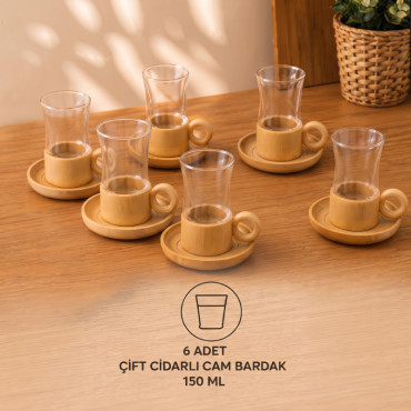 12 Parça Çay Seti - Bambu Bardak Altığı - Çift Cidarlı Cam - 150 ml 