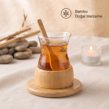 18 Parça Bambu Çay Seti - 6 Çay Bardağı - Borosilikat Cam 