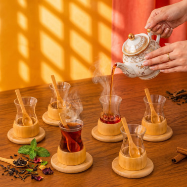 18 Parça Bambu Çay Seti - 6 Çay Bardağı - Borosilikat Cam 