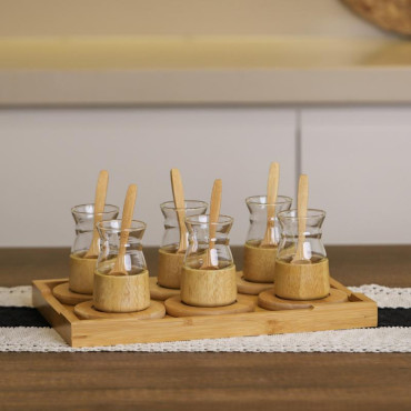 18 Parça Bambu Çay Seti - 6 Çay Bardağı - Borosilikat Cam 