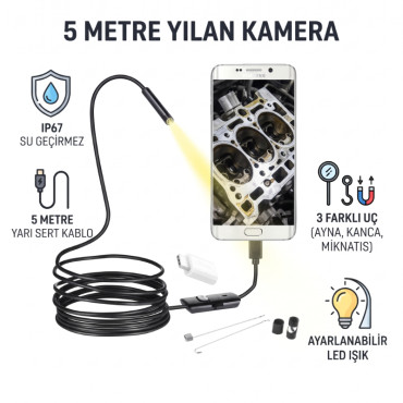 5 Metre Yılan Kamera - LED Işıklı - IP67 Su Geçirmez - 3 Farklı Başlıklı 