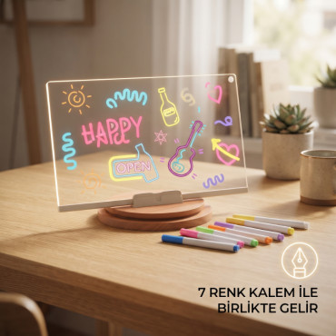 DIY LED Yazı Panosu - Gece Lambası - 7 Renk Kalem Hediyeli - 6 Çizim Şablonu 