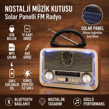 Solar Panelli FM Radyo - Nostaljik Tasarım - Şarjlı - Bluetooth Özellikli 