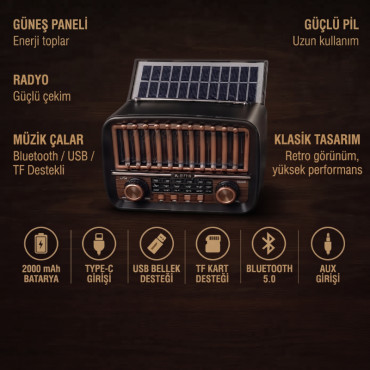 Solar Panelli FM Radyo - Şarjlı - Bluetooth Özellikli - AUX Girişli - Nostaljik Tasarım 