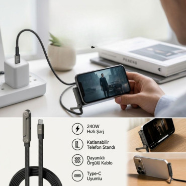Örgülü Type-C to Type-C Şarj Kablosu - Katlanabilir Telefon Standlı - Hızlı Şarj Destekli - 240W 
