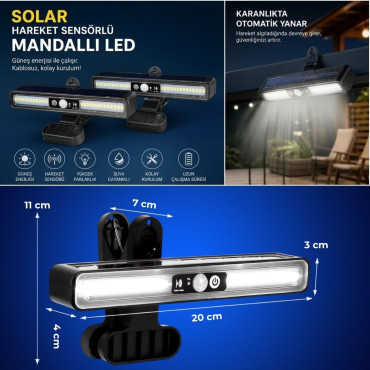 2'li Mandallı LED Solar Lamba - 36 LED - Hareket Sensörlü - 3 Modlu 