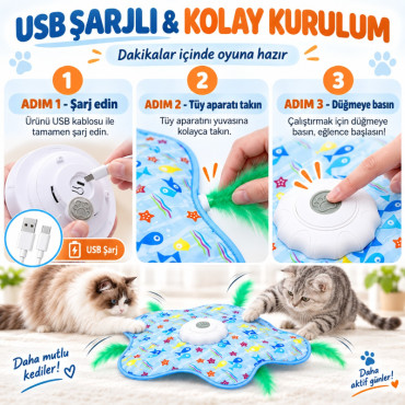 Hareketli İnteraktif Kedi Oyun Matı - USB Şarjlı - 3 Oyun Modu 
