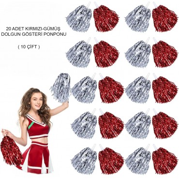Kırmızı Gümüş Metalik Dolgun Gösteri Ponponu - 20 Adet (10 Çift)