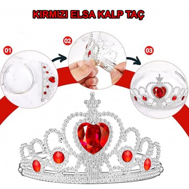 Kalp Taşlı Kırmızı Renk Karlar Ülkesi Elsa Anna Frozen Tacı