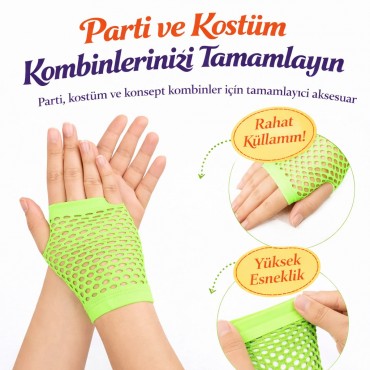 80’ler 90’lar Retro Neon Yeşil File Parmaksız Kısa Eldiven 11 cm