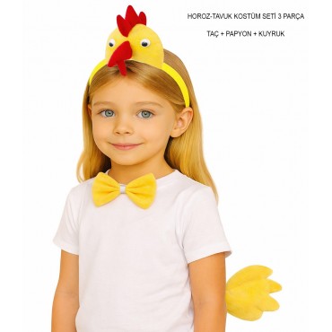 Çocuk Horoz Tavuk Kostüm Seti 3 Parça (Taç + Papyon + Kuyruk)