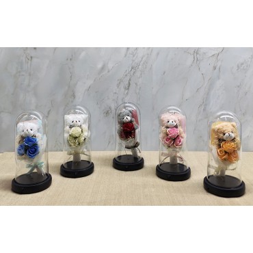 Işıklı Müzikli Fanus içinde Sevimli Ayıcıklı Gül Buketi 