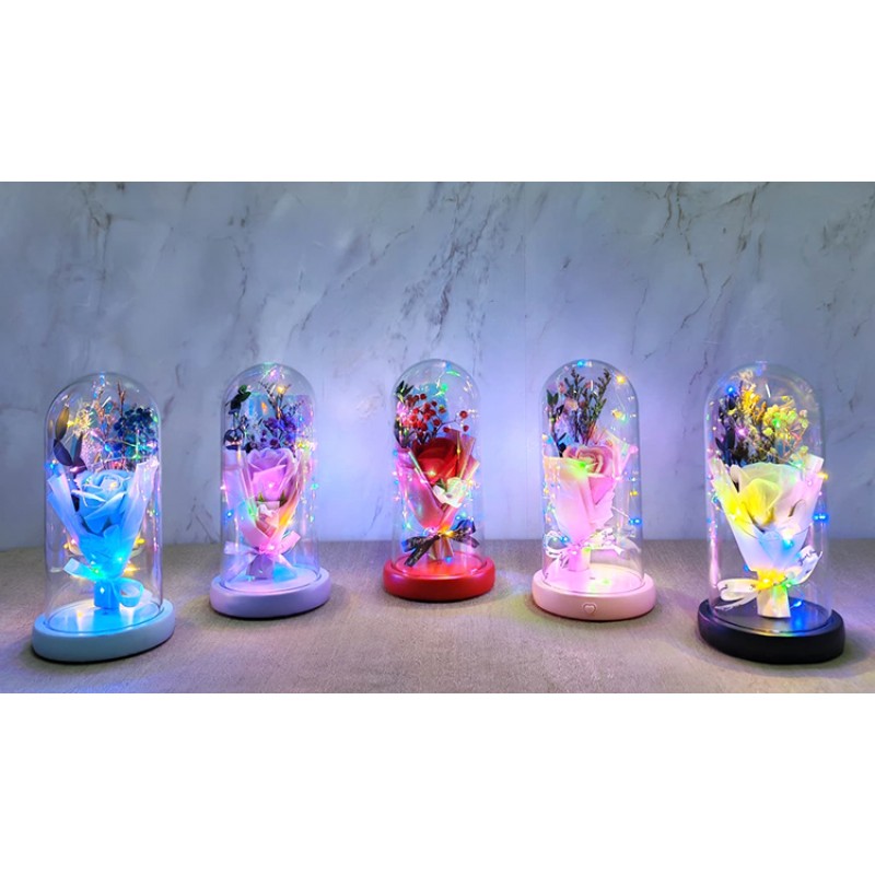 Işıklı Müzikli Cam Fanus İçinde Lavantalı Romantik Gül  