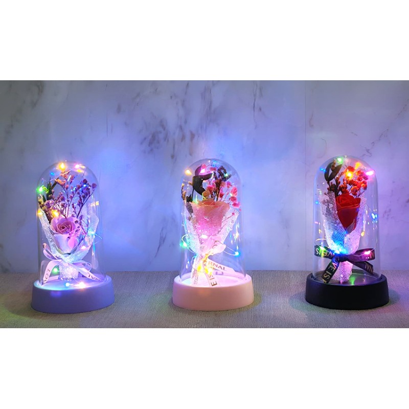 LED Işıklı Müzikli Cam Fanus İçinde Gül Buketi  