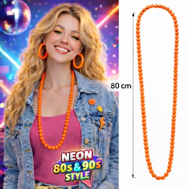 Neon Turuncu Boncuk Kolye 80 cm – Retro 80’ler 90’lar Parti Aksesuarı