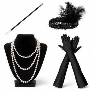 1920’ler Çarliston Aksesuar Seti – İnci Kolye, Eldiven, Sigara Tutucu, Siyah Saç Bandı