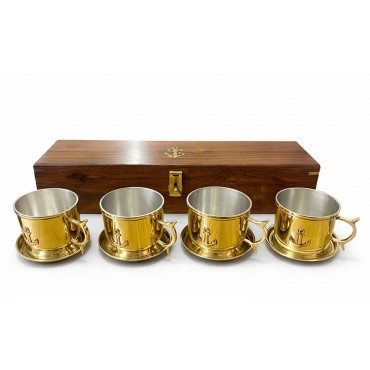 38x10 cm Ahşap Kutulu 4'lü Pirinç Fincan Seti 
