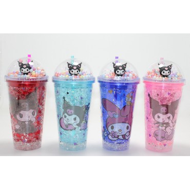 Sevimli Kuromi Işıklı Pipetli Boncuklu Suluk Bardak 400 ml