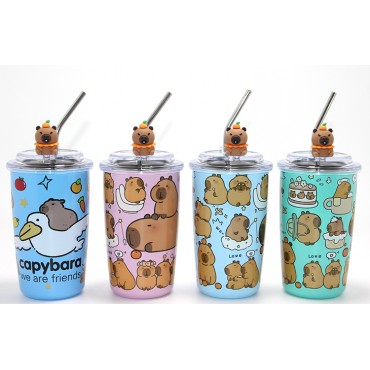 Capybara Figürlü Isı Muhafazalı Metal Pipetli Paslanmaz Çelik Kupa 