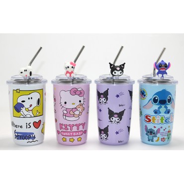 Popüler Karakter Figürlü Isı Muhafazalı Metal Pipetli Çelik Kupa 