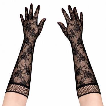 Siyah Uzun Gül Desenli Dantel Kadın Eldiveni