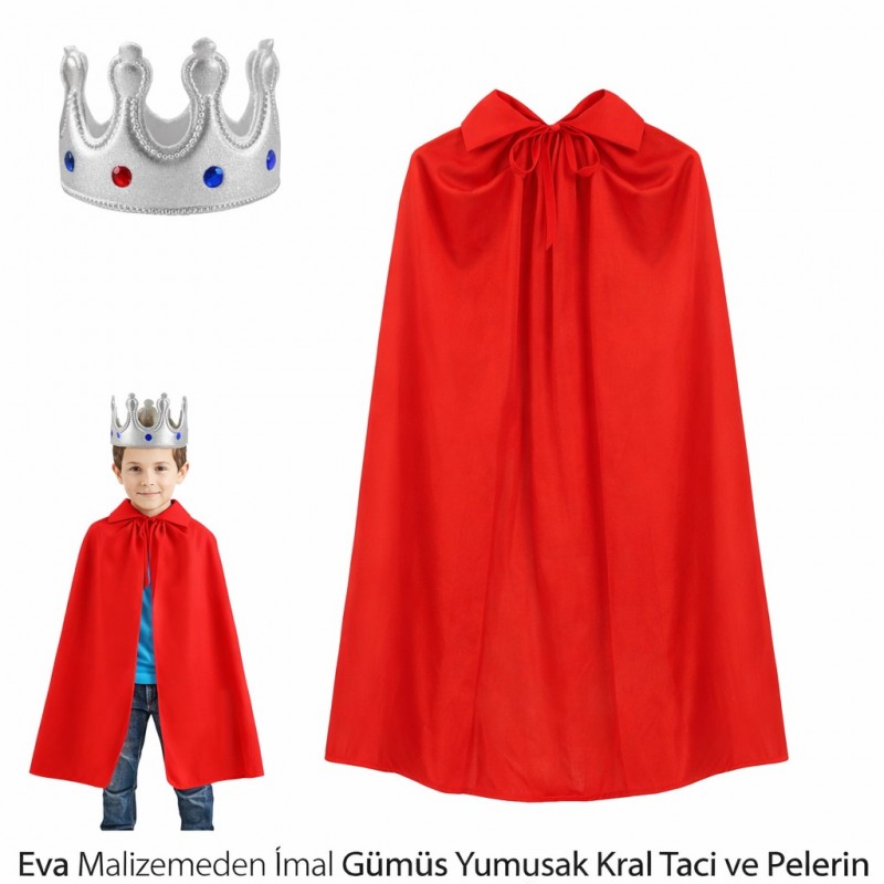 Eva Malzemeden Gümüş Yumuşak Kral Tacı ve Kırmızı Pelerin Seti