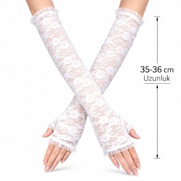 Uzun Zarif Dantel Eldiven Parmaksız Beyaz 35 cm