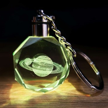 Işıklı Satürn Gezegen Tasarımlı Cam Küre Ve Kristal Anahtarlık Hediye Seti 