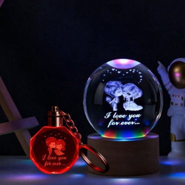 Sevgililer Temalı Işıklı Cam Küre Ve Işıklı Kristal Anahtarlık Hediye Seti 