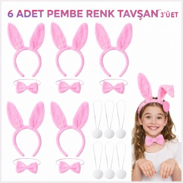 Full Pembe Renk Tavşan Sahne Seti 6'lı Set Taç Papyon Kuyruk