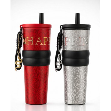 Charm Detaylı Pipetli Çift Katmanlı Vakumlu Termos Bardak 