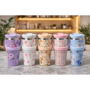 Çiçek Desenli 700 ml Taşıma Kulplu Paslanmaz Çelik Termos Mug Bardak