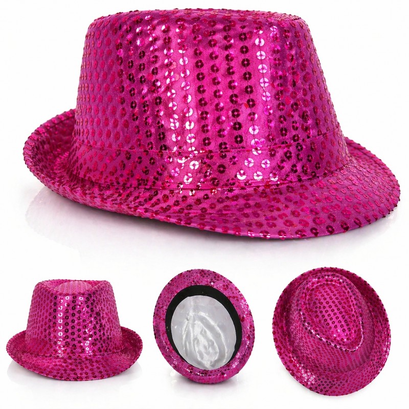 Fuşya Pembe Payetli Disco Parti Şapkası Yetişkin Işıltılı Fötr Model