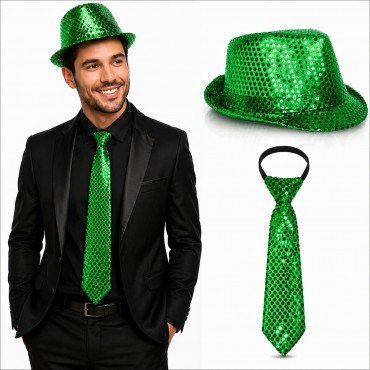 Yeşil Payetli Şapka ve Kravat Seti – Işıltılı Parti Kombini