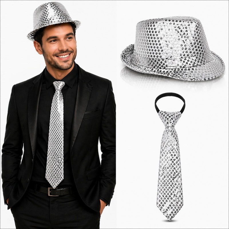Gümüş Payetli Şapka ve Kravat Seti – Işıltılı Parti Kombini