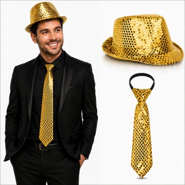 Altın Gold Payetli Şapka ve Kravat Seti – Işıltılı Parti Kombini
