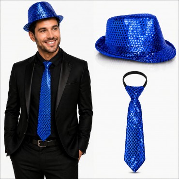 Mavi Payetli Şapka ve Kravat Seti – Işıltılı Parti Kombini