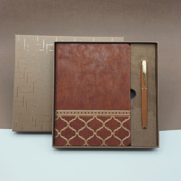 Kutulu - Lüks Deri Desenli Defter ve Metal Kalem - Hediye Seti 