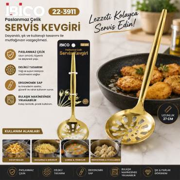 Metal Servis Kevgiri - 27 cm - Gold Renk 